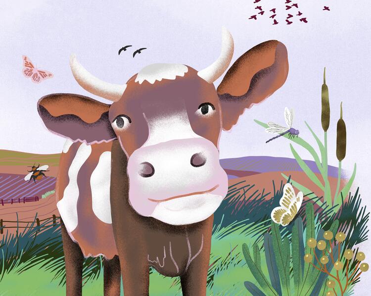 Gemalte Kuh auf Weide mit viel Artenvielfalt